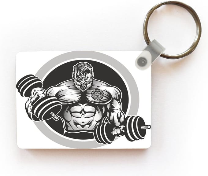 Sleutelhanger - Een illustratie van een bodybuilder met twee dumbbells - Uitdeelcadeautjes - Plastic