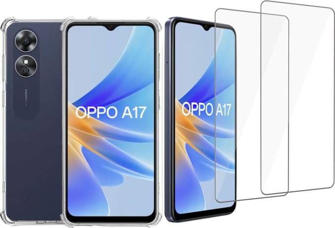 Geschikt voor Oppo A17 Hoesje + 2x Screenprotector – Gehard Glas Cover + Shock Proof Case – Transparant