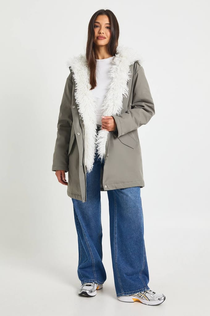 boohoo Dames Parka met bontvoering | Sage | Maat: 12