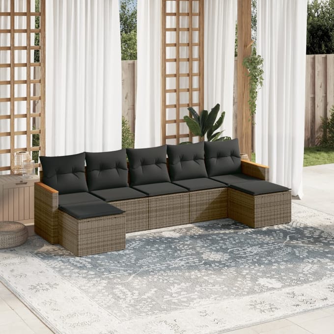vidaXL - 7-delige - Loungeset - met - kussens - poly - rattan - grijs