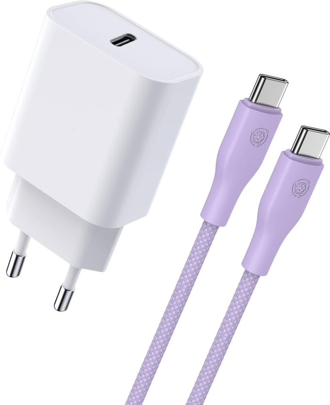 20w usb-C Adapter met usb C naar usb C Kabel Paars - 1 Meter - Snellader - Universeel