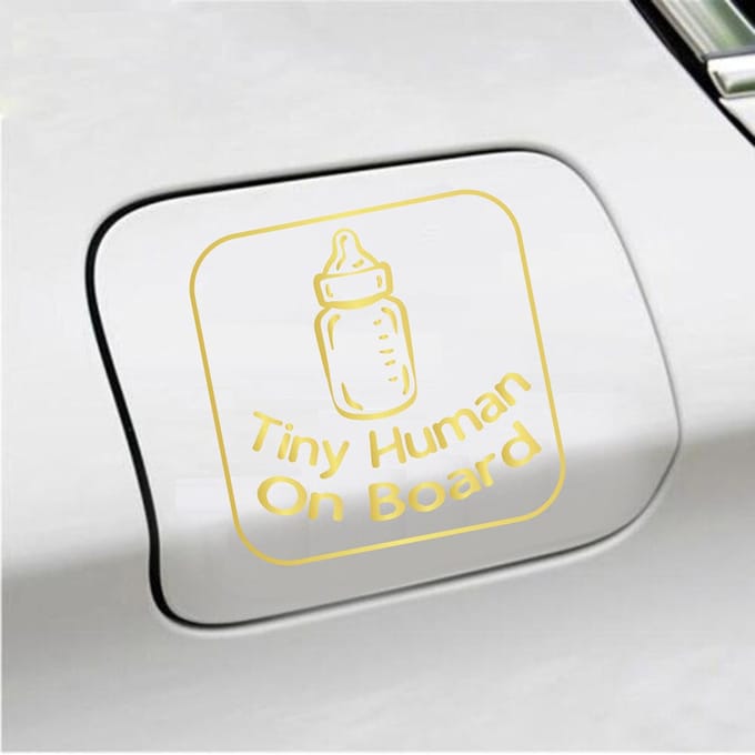 Bumpersticker - Tiny Human On Board - 14 X 14 - Goud