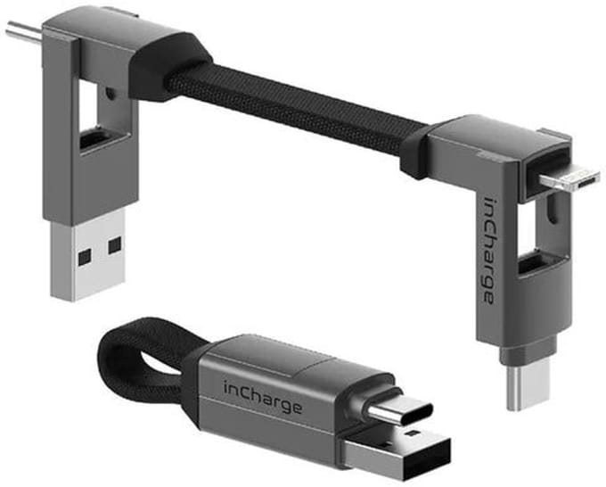 Rolling Square inCharge 6 - 6-in-1 Korte Oplaadkabel 9 cm - USB-C, Lightning & Micro-USB - Universele Oplaadkabel voor iPhone, iPad, Android & Laptop - Donkergrijs