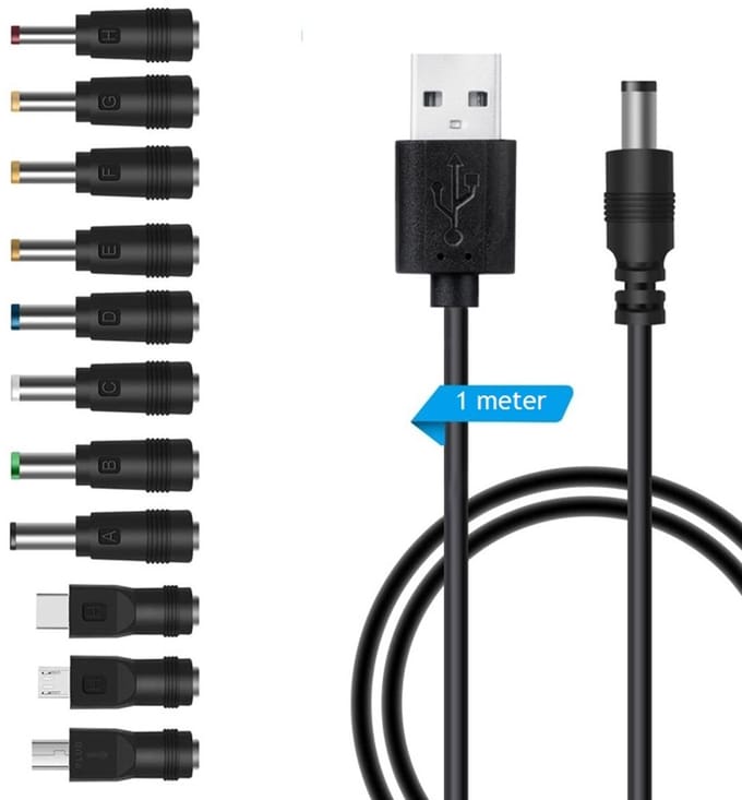 11-in-1 USB DC voeding Kabel met Verwisselbare Plugs - universele Multi-Functionele Oplaadkabel voor 5V Apparaten - 1 Meter - USB naar DC / Type-C / Micro-USB / Mini-USB - 1 meter - zwart