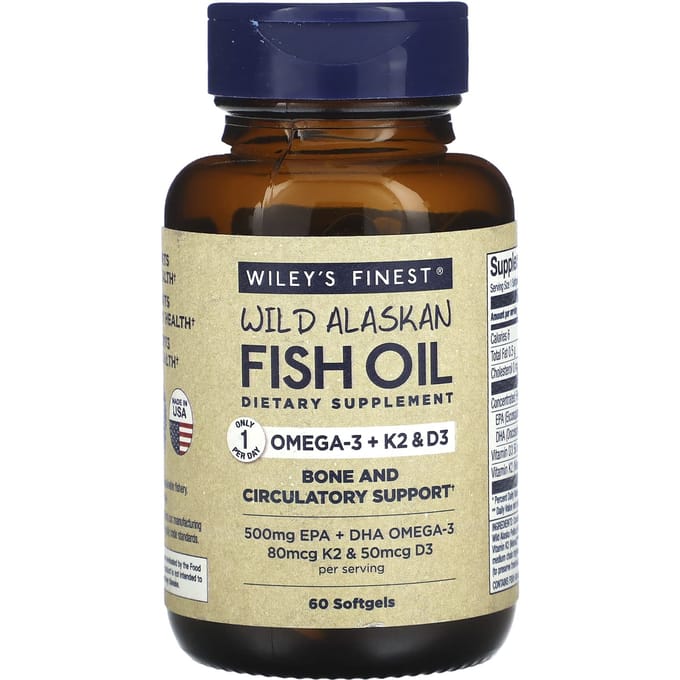 Wiley's Finest, Wilde Alaskaanse Visolie, Omega3 + K2 & D3, 60 Vis Softgels