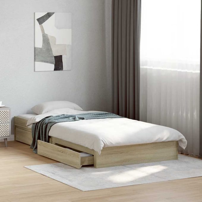 vidaXL - Bedframe - met - lades - bewerkt - hout - sonoma - eikenkleurig - 75x190 - cm