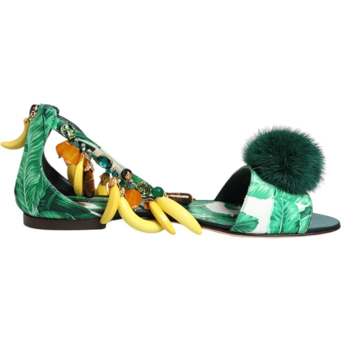 Dolce & Gabbana Groene Bont Satijnen Bananenblad Sandalen Schoenen