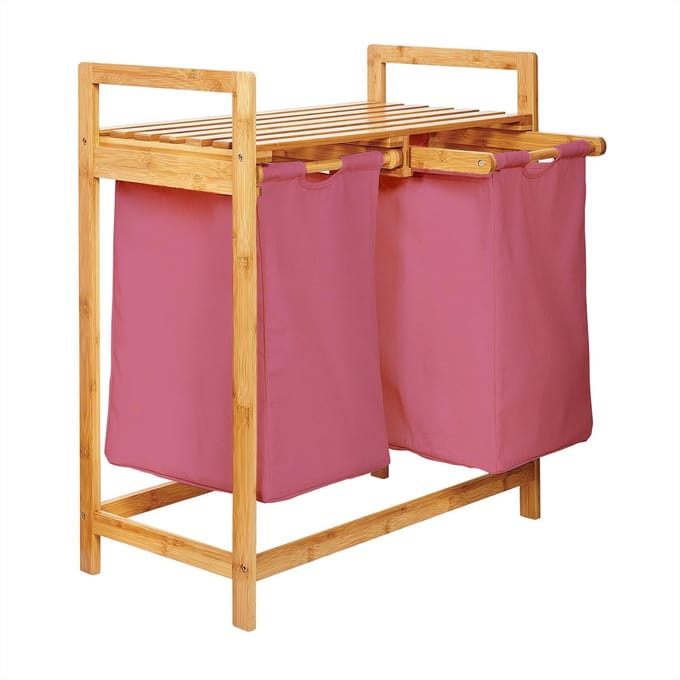Lumaland Wasmand van bamboe - met 2 uitschuifbare waszakken - 60 L - Roze