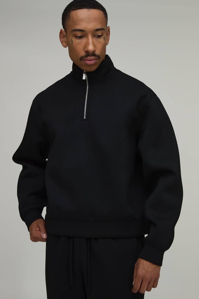 Oversized Boxy 1/4 Zip Funnel Neck Scuba Sweatshirt | Black | Size Large