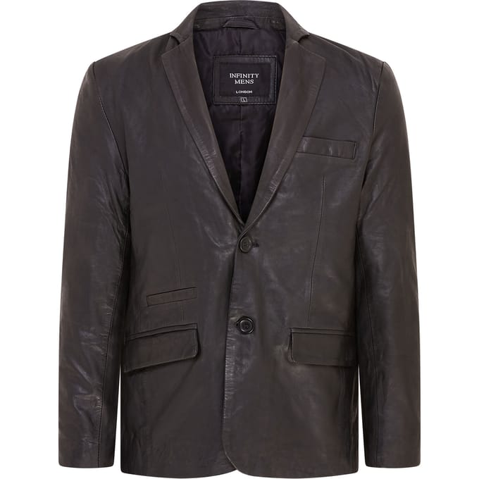 Heren Zwart Slim Leren Italiaanse Blazer Jas-Somero