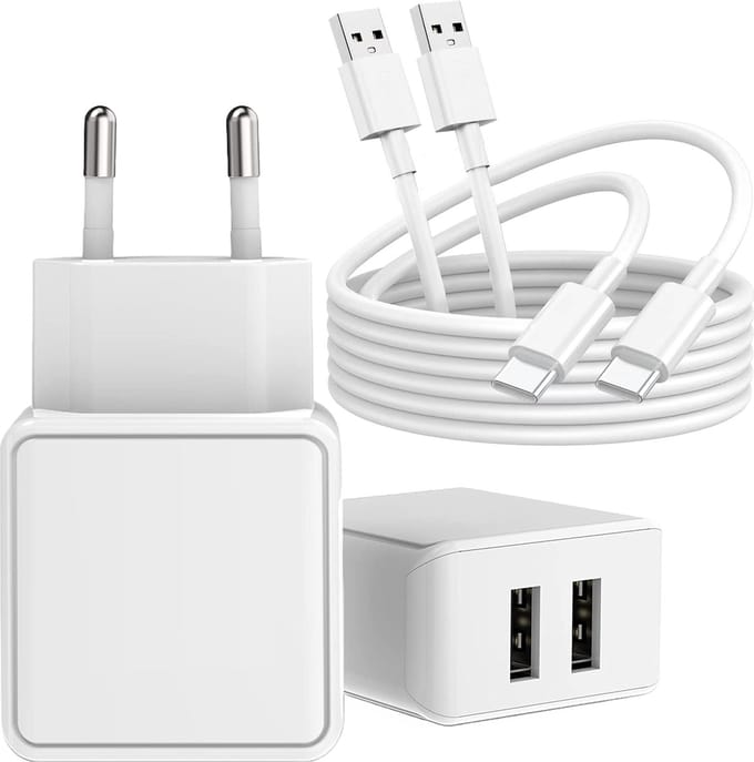 Usb Oplader 2 Poorten met 2x usb naar usb C Kabel 2 Meter - 12w - Lader voor Clara BW Libra Colour Paperwhite 5 Scribe & Galaxy Tab A7 Tab A8 Tab A9