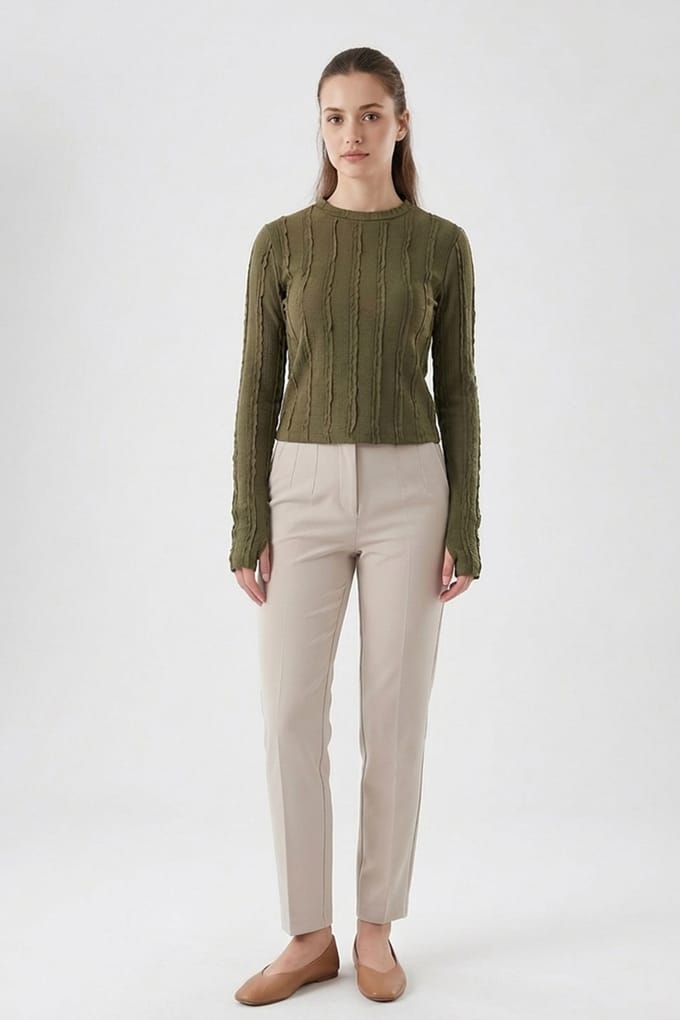 Geribbelde Crewneck Lange Mouw Blouse