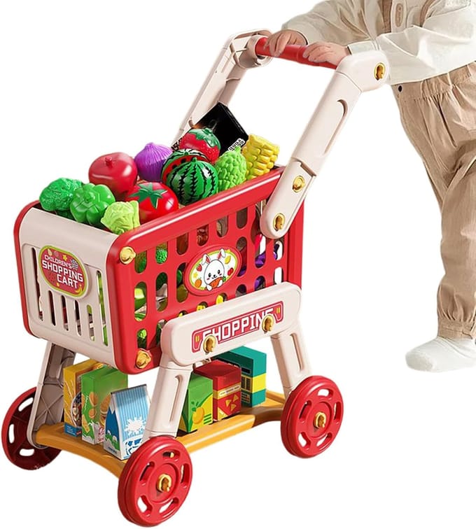 Kinder Winkelwagen - Speelgoed Winkel - Doe Alsof Spel - Inclusief Nepvoedsel - 46.5x26x51cm - rood
