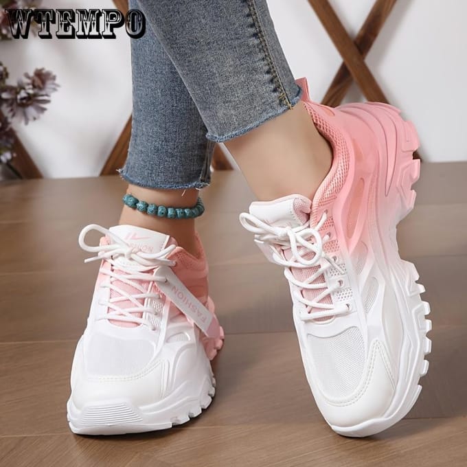 Dames Gradiënt Chunky Sneakers, Modieuze Veterschoenen Lage Top Hardloopschoenen, All-Match Sportschoenen 40 gray