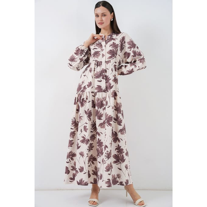 Bloemen Maxi Jurk met Mandarin Kraag en Knopen Sluiting