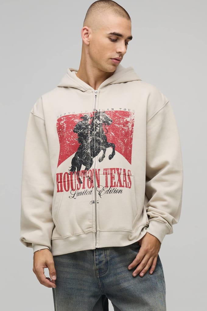 Stone Oversized Boxy Houston Texas Print Zip Through Hoodie | Size Medium