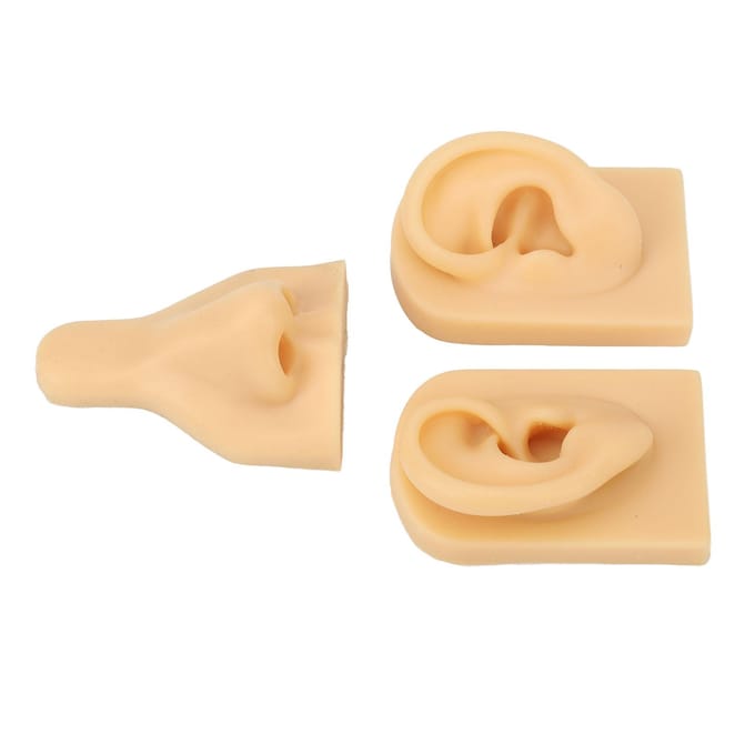 Modèle Nez Oreille en Silicone Simulation 3D Ensemble Modèle Nez Oreille pour Pratique de Piercing Enseignement Peau Foncée beige