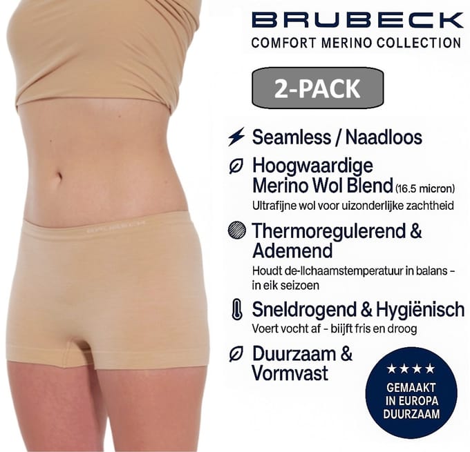 Brubeck Dames Boxershort – Merino Wol Blend Naadloos Ondergoed – 2 PACK - Beige – Maat M