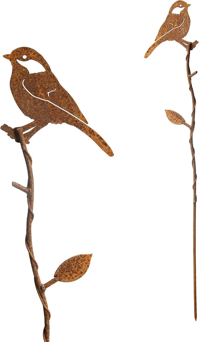 Tuinsteker Koolmees - Decoratieve Vogel - Bloembed Aankleding - Verroest Metaal Patina - Koolmees
