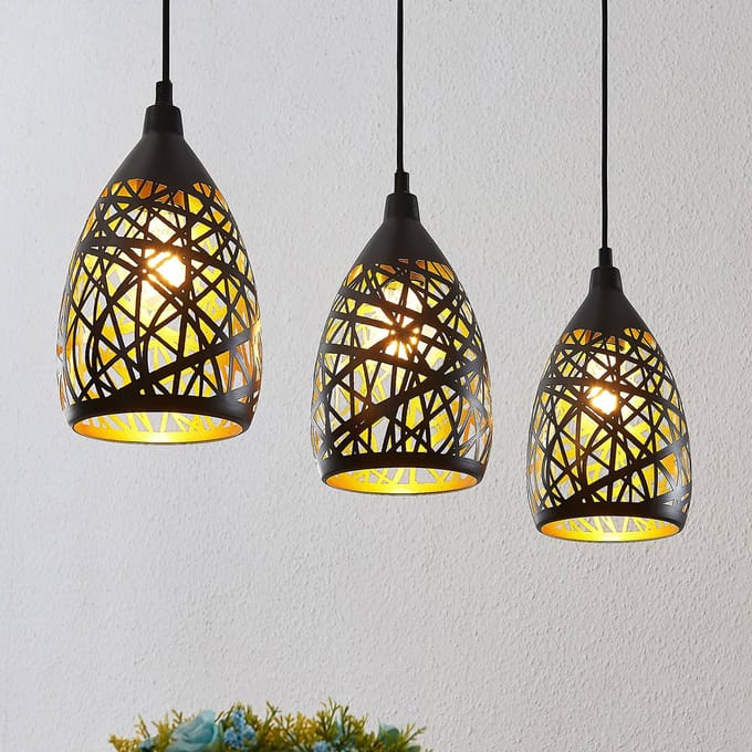 Lindby - hanglamp - 3lichts - Staal - H: 24 cm - E27 - zwart, goud