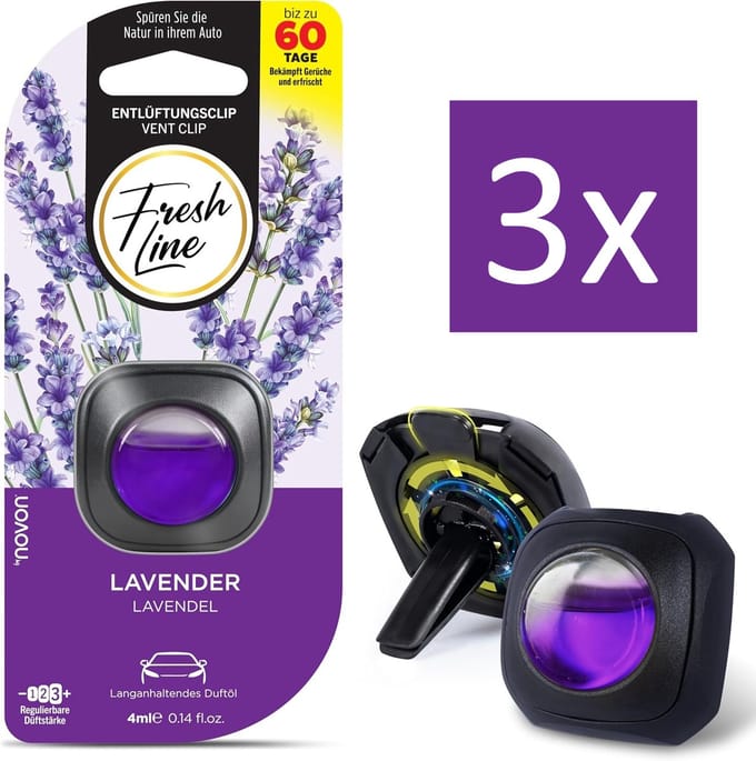 Fresh Line® - Auto Luchtverfrisser Clip 3 stuks - Lavendel - 3 x 4ml - tot 60 dagen