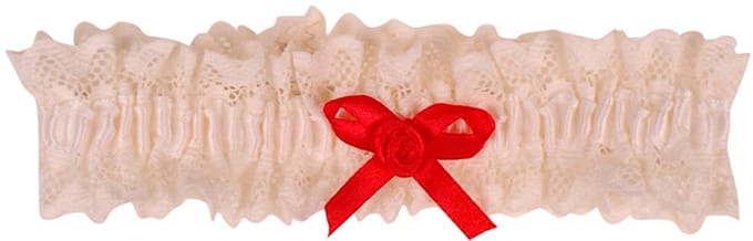 Kousenband Ivoorkleurig met Broderie & Rood Strikje met Roosje - 33cm Elastisch