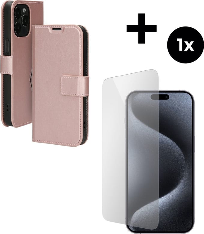 Mobiparts Classic Wallet hoesje geschikt voor Apple iPhone 15 Pro Max met 1 Screenprotector van Gehard Glas - Roze