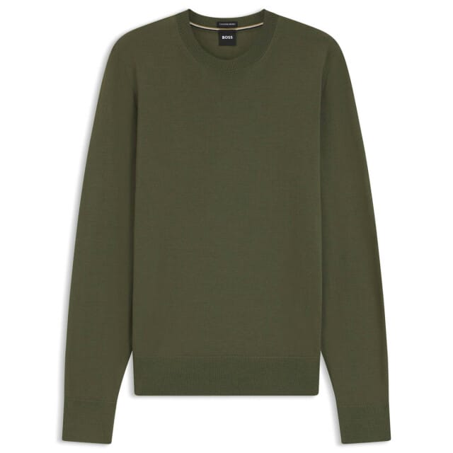 BOSS Leno slim fit trui wol - heren pullover middeldik O-hals - groen