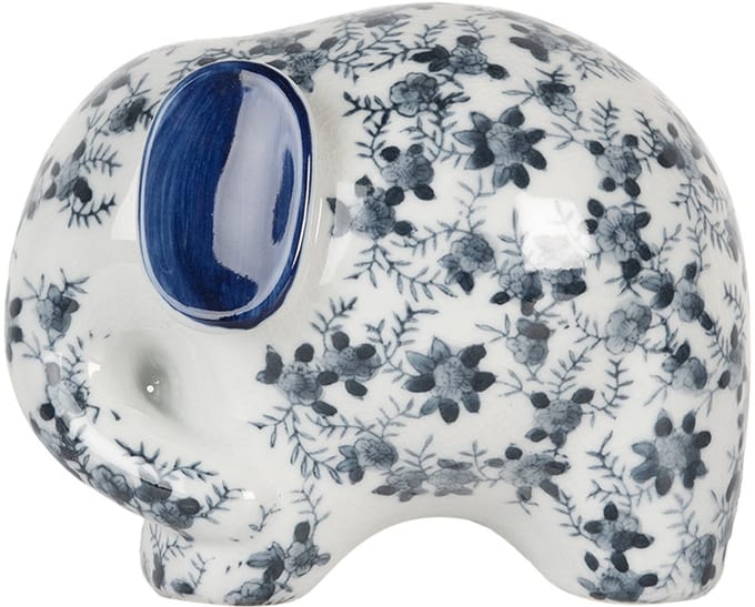 Clayre & Eef Decoratie Beeld Olifant 20x14x15 cm Wit Blauw Keramiek
