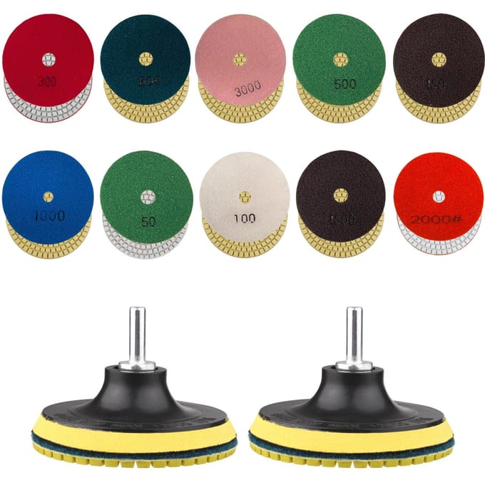 10 stuks Diamant Polijstschijven 4 Inch + 2 stuks Steunschijven + 2 stuks Booradapters voor Graniet veelkleurig