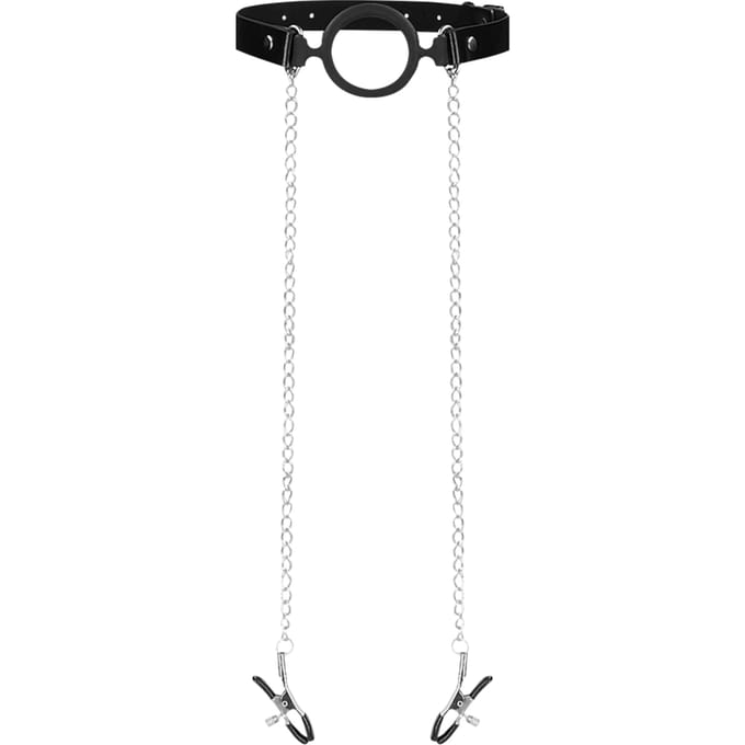 Shots Ouch! - O-Ring Gag met Tepelklemmen - Zwart