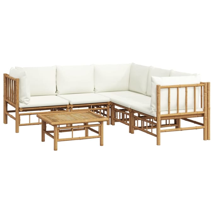 vidaXL - 6-delige - Loungeset - met - kussens - bamboe - crèmewit