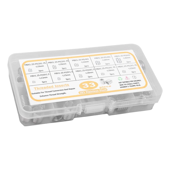 33PCS M8x1.25 Draadinzet Assortimentskit RVS Draadverloopmoer Reparatiehulzen