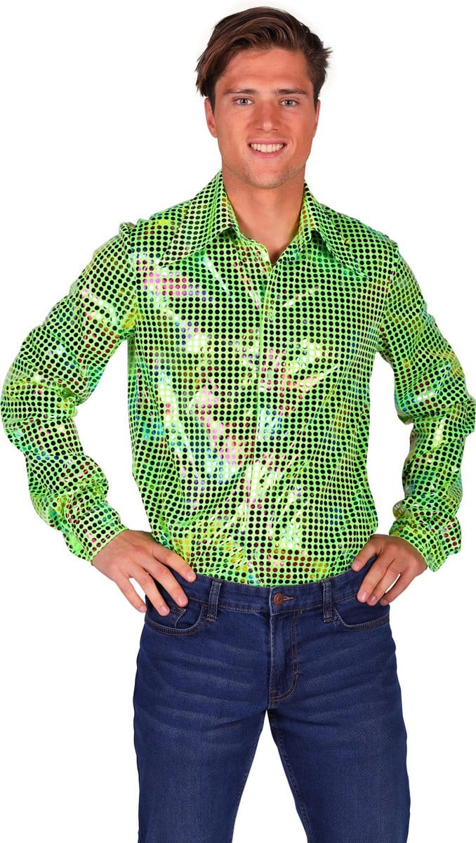 Overhemd Disco - Heren Blouse - Disco 80/90 - Hippie - Carnaval - Verkleedkleding - Groen - Maat S