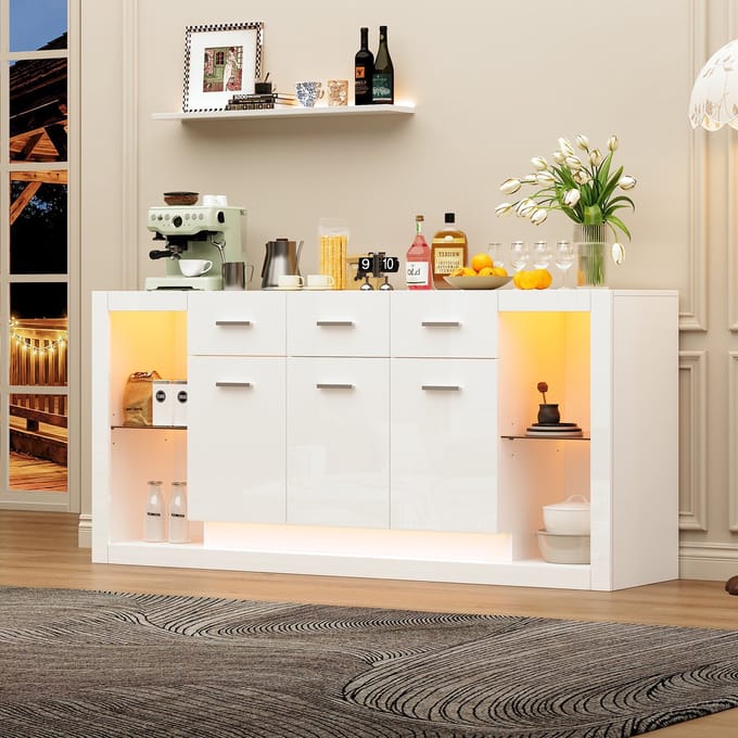 Dressoir - 160x40x75 cm - Hoogglans Met LED Lichtstrip 3 Lades En 14 Vakken - MDF Glas - Wit