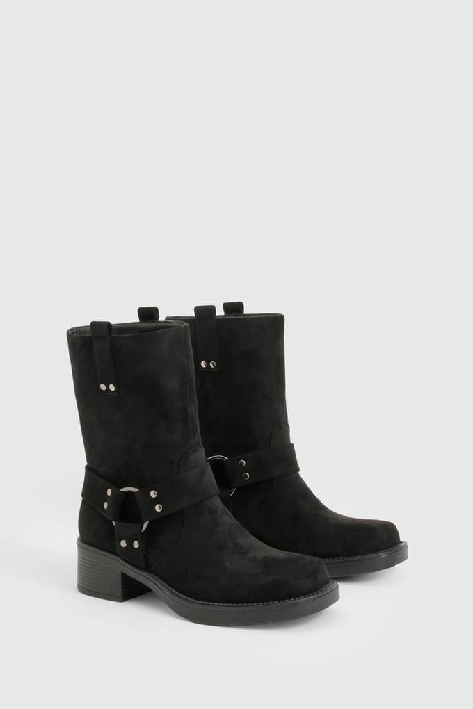 boohoo Dames Faux Suede Harness Detail Biker Boots | Black | Maat: 3