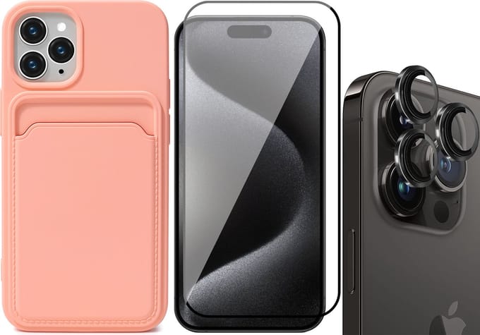Hoesje Pasjeshouder geschikt voor iPhone 15 Pro - Screenprotector FullGuard + Camera Lens Screen Protector Zwart - Siliconen Case Back Cover Roze