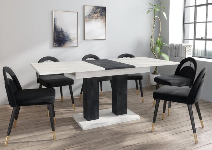 Uitschuifbare Moderne Eettafel Wit Marmer & Zwart Betonlook 140-180cm