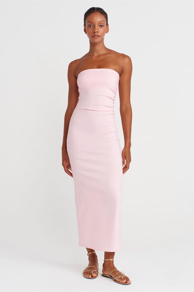 Strapless Bodycon Midi Jurk Met Splits