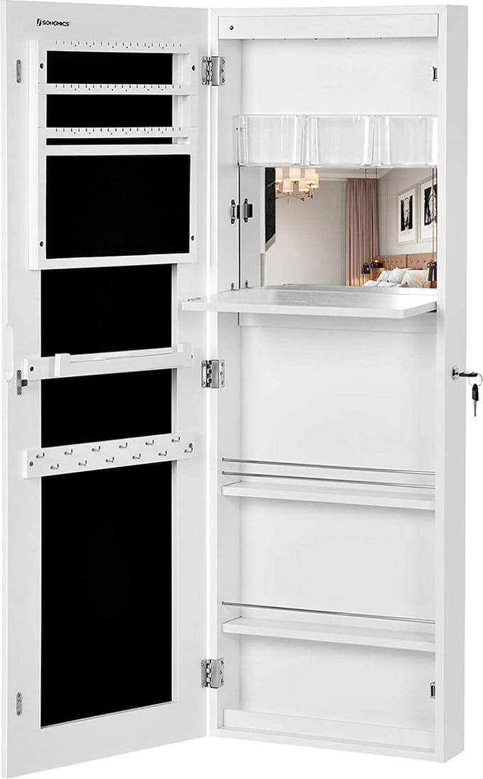 Hoppa! Sieradenorganizer, wit, met spiegel om op te hangen aan de muur
