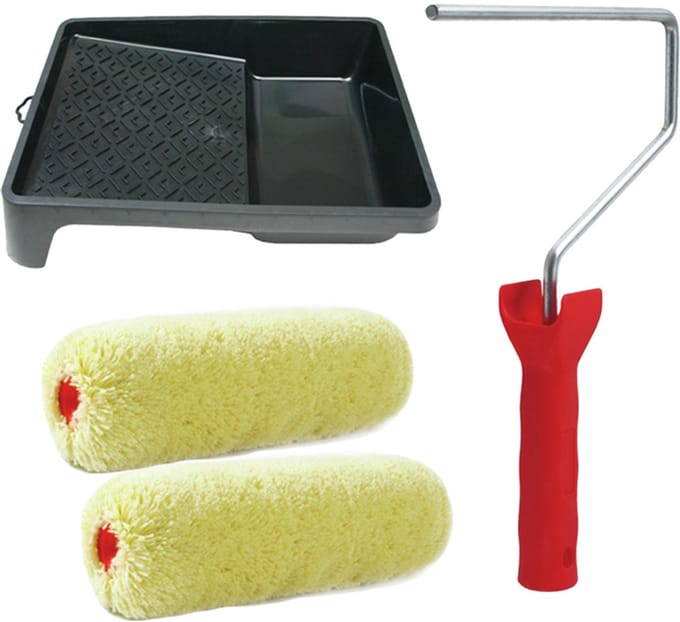 Sorex pluisvrije verfrollers schilderen set - met beugel en verfbak - 2x vacht rollers - breedte 18 cm - dikte 9 cm