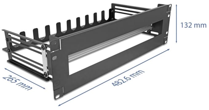 Delock 19″ Circuit-breaker with cover, cable strain relief and deepth-adjustable DIN rail 3U metal black