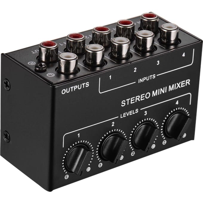 Mini-stereo-audiomixer met 4-kanaals RCA-ingangen en aparte volumeregelaars zwart