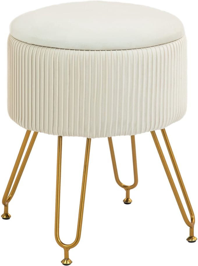 HOMCOM-Sitzhocker-Polyester, Stahl-Ø40 x 48H cm-Cremeweiß