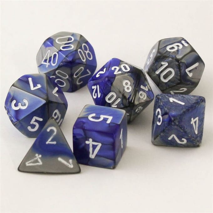 Chessex Gemini Blauw-Staal/wit Polydice Dobbelsteen Set (7 stuks)