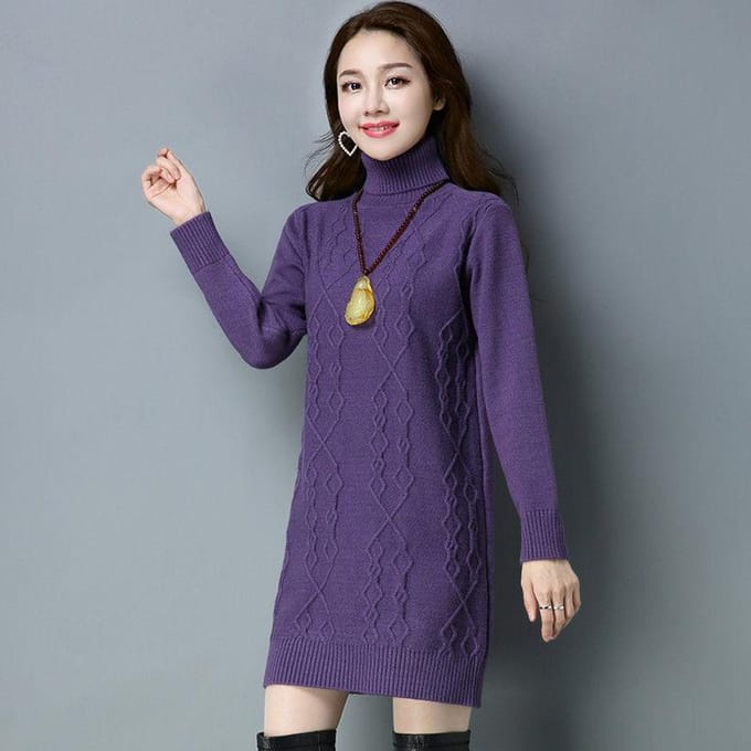 Damestrui Herfst- en Wintertrui Pullover Coltrui Gebreide kleding Losse Middellange Lengte Trending Trui L paars