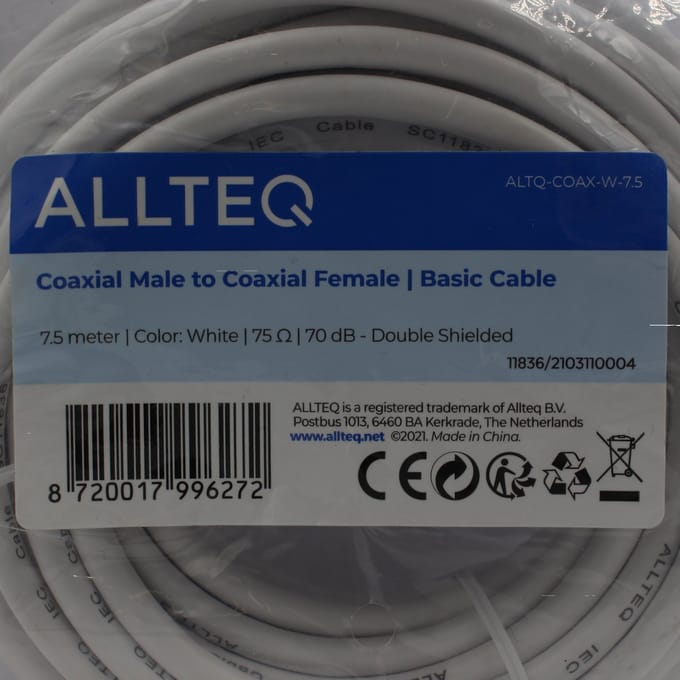 Premium Coax Kabel - Dubbel afgeschermd - IEC Coax Kabel voor TV - Wit - 7.5 meter - Allteq