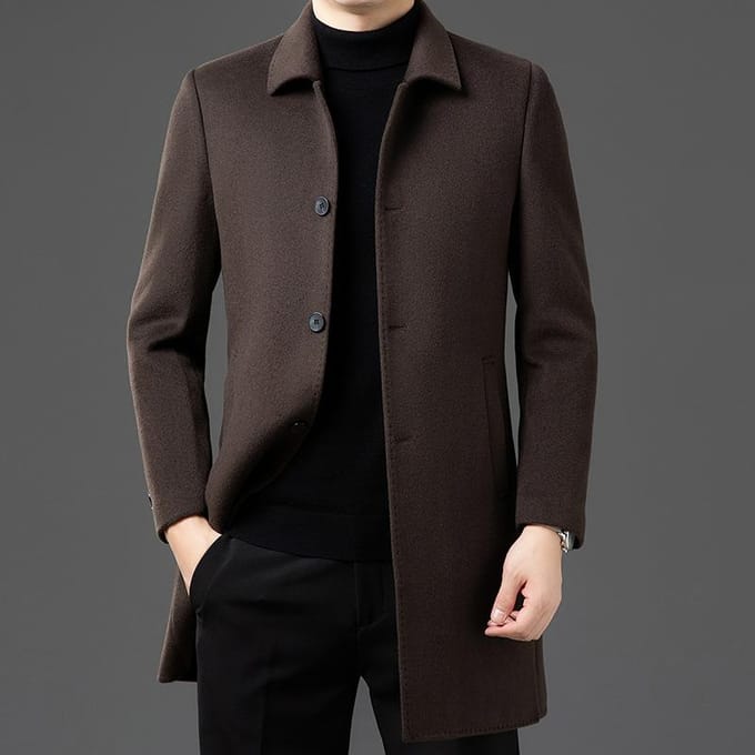 Middelange heren wollen jas herfst en winter heren tops high-end middelbare leeftijd vaders revers top 195 black