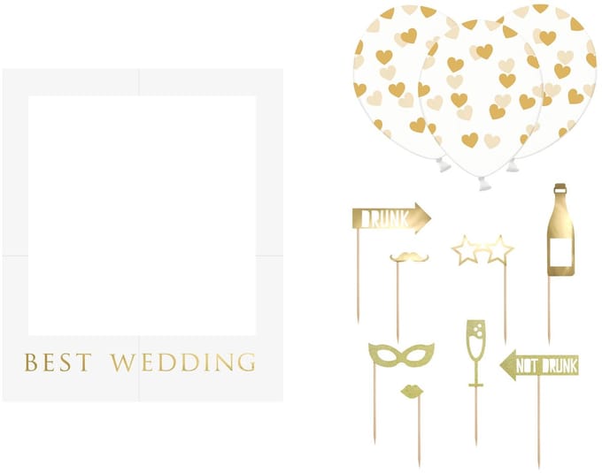PARTYDECO - Complete Photobooth Kit Bruiloft Wit en Goud 12 Stuks met Frame