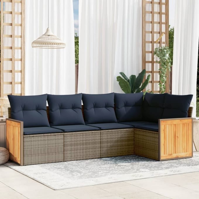 vidaXL - 5-delige - tuinbankset - met - kussens, - grijs - polyrotan